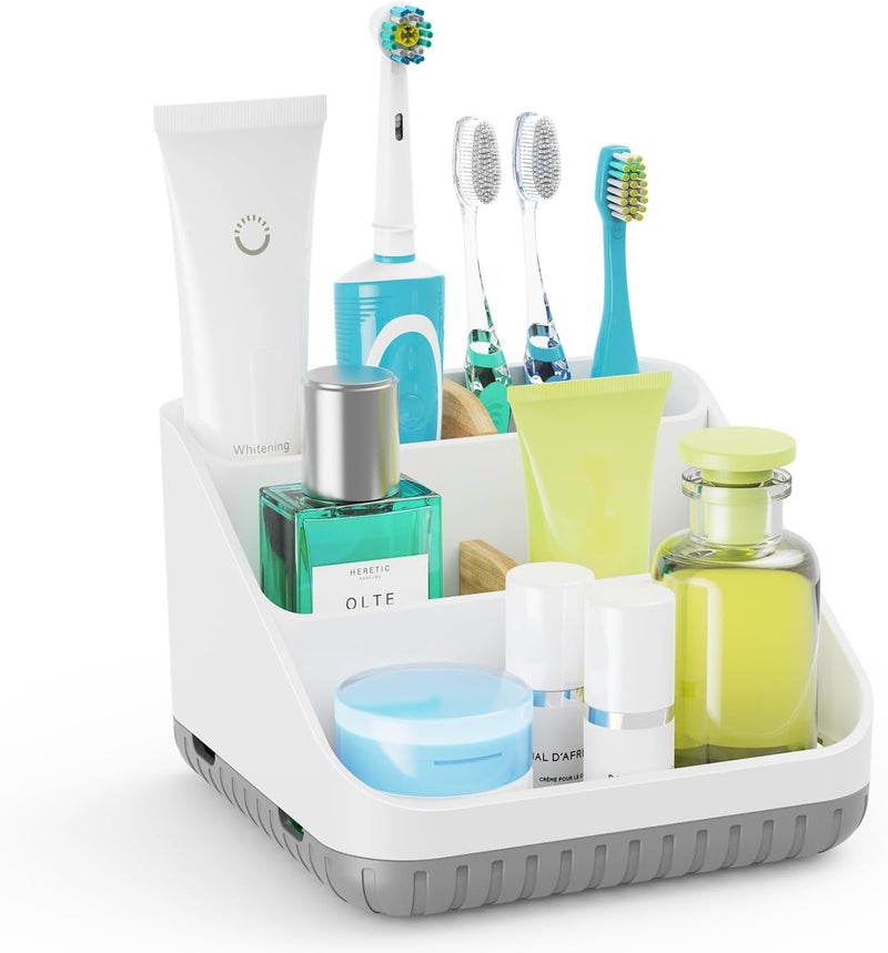 Chintu Bathroom Toothbrush Holders for Countertop - Electric Toothbrush Organizer 6 Slots Tooth Brush Organization for Kids Family, Toothpaste Holder for Bathroom Vanity Organizer Storage White - Image 1